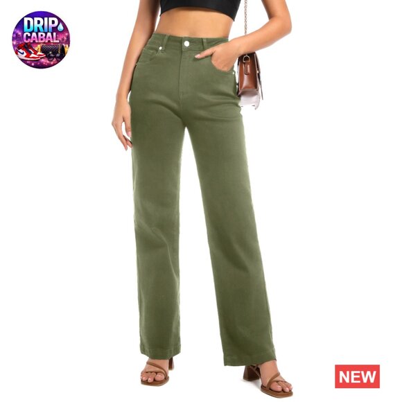 Denim - High Waisted Straight Leg Jeans Stretchy Tummy Control Wide Leg Casual Denim